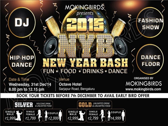 Mokingbirds Present New Year Bash Party 2015 in Octave Hotel at Bangalore 