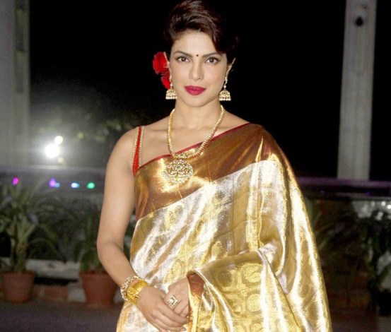 Priyanka Chopra in Golden Saree at Shirin Morani and Udhay Singh Wedding Reception