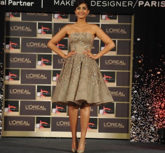 Sonam Kapoor in Off Shoulder Cream Short Frock Dress 