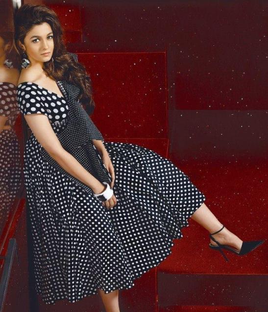Alia Bhatt Hot Photoshoot for MAN Magazine March 2014 Issue Cover Page in Black and White Polka Dots Frock with High Heel Sandals