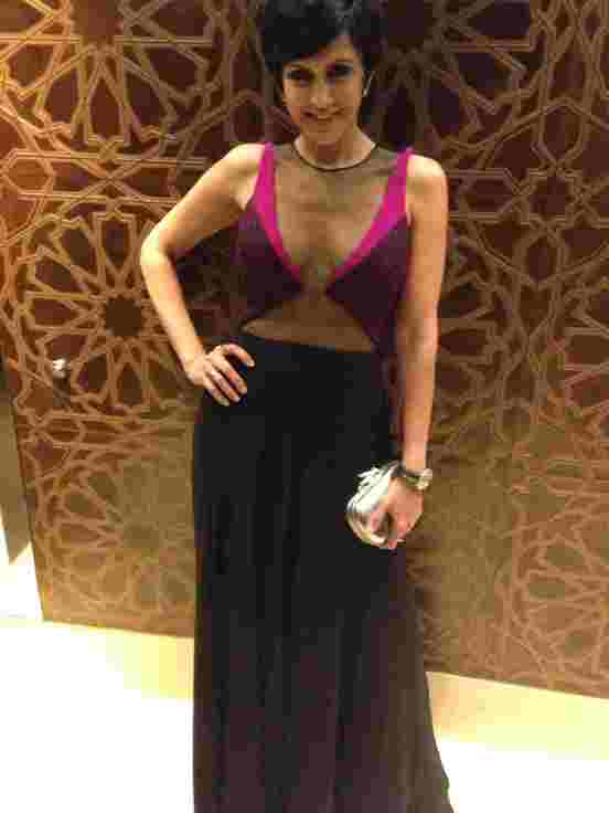 Mandira Bedi Hot Cleavage Show Pics in Long Black Bright Gown Dress 