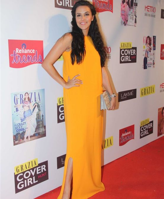 Neha Dhupia in Orange Yellow Dior Gown