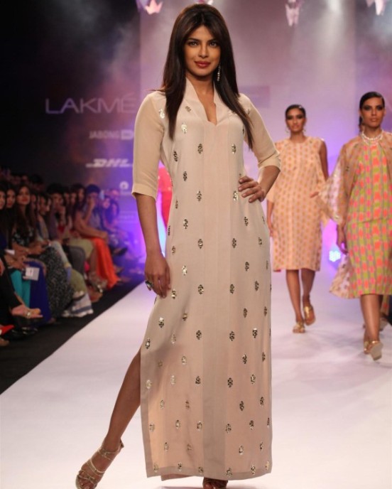 Priyanka Chopra in White Kaftan Dress Knee Length Cuts at Lakme Fashion Week 2014 