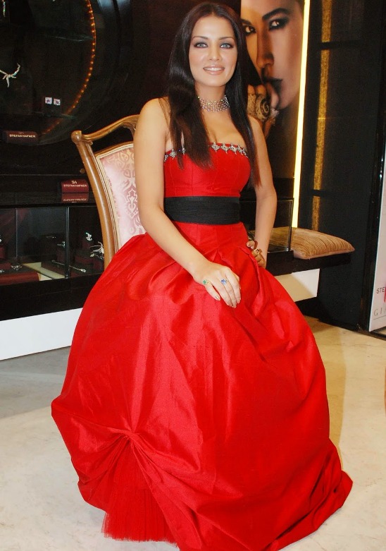 Celina Jaitley Hot in Red Off Shoulder Gown Dress at Giatti Store
