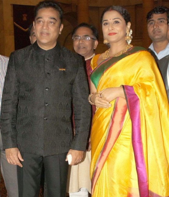 Vidya Balan in Yellow Saree with Stunning Gold Jewellery at Receive Padma Shri Awards 2014