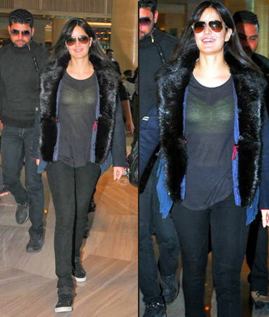 Katrina Kaif in Black Jeans Transparent Top at Chandigarh