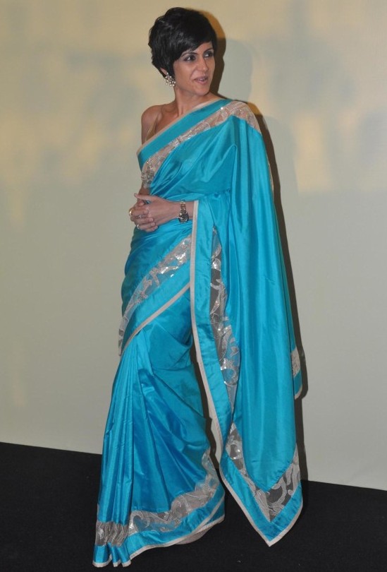 Mandira Bedi in Sky Blue Saree at Lakme Fashion Week 2014 