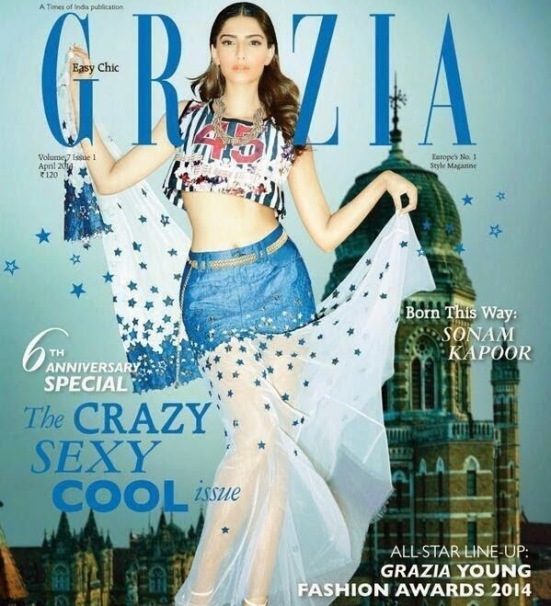 Sonam Kapoor Hot Navel Show Pics at Grazia Magazine 2014 April Issue