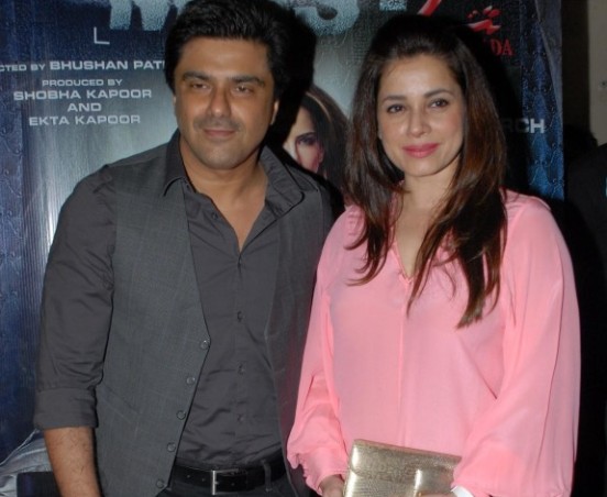 Neelam in Pink Shirt with her Husband Sameer Soni during the Success Party of Balaji Motion Pictures