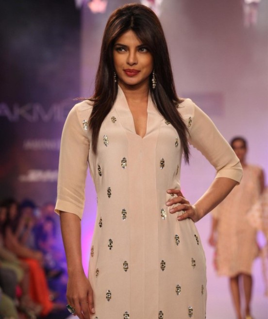 Priyanka Chopra in White Kaftan Dress Knee Length Cuts at Lakme Fashion Week 2014 