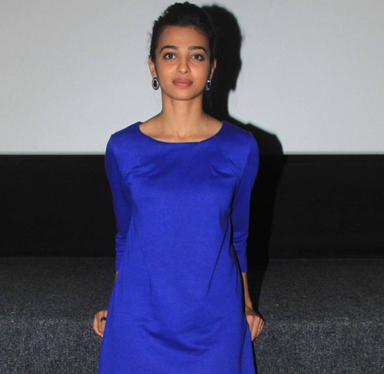 Hunterrr Movie Press Conference Photos 2015 – Radhika Apte in Blue One Piece Dress