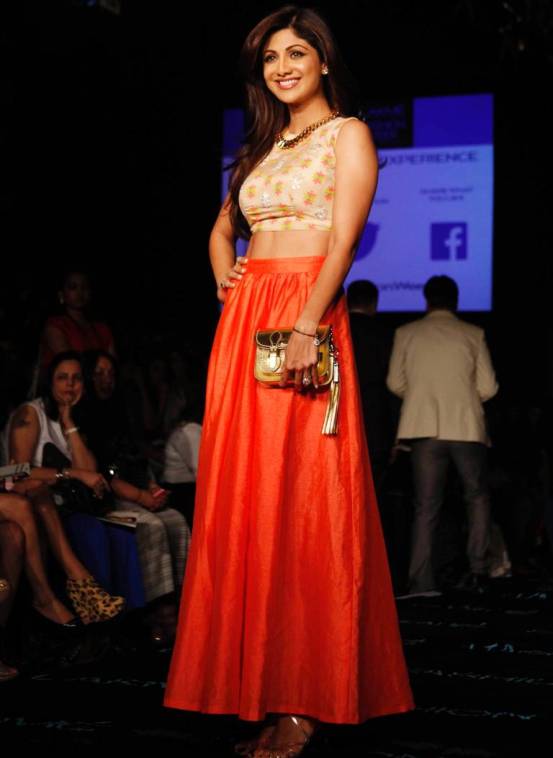 Shilpa Shetty in Orange Skirt at Lakme Fashion Week 2014