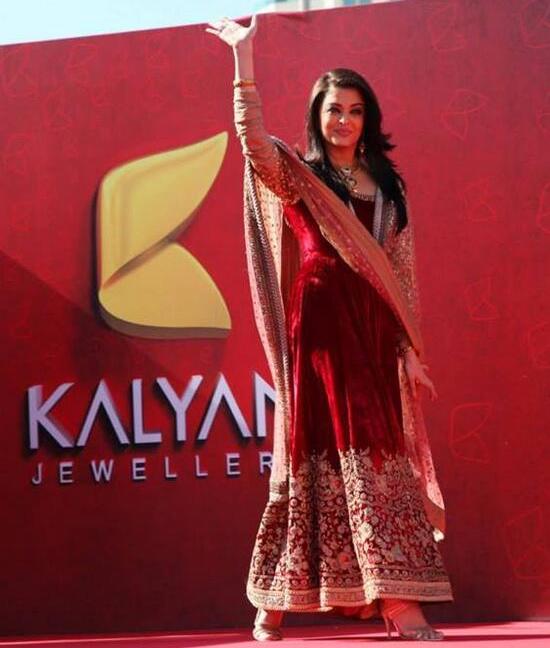 Aishwarya Rai in Red Anarkali Dress Velvet Suit at Dubai for Kalyan Jewellers Showroom Inauguration Photos