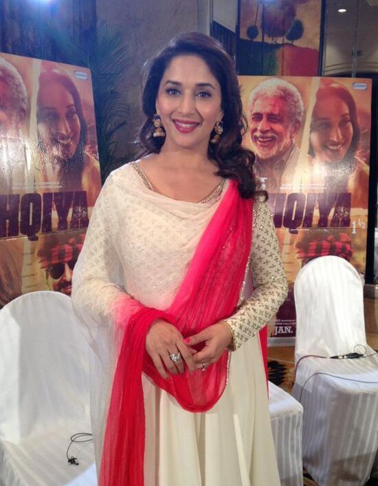 Madhuri Dixit in White Anarkali Dress Churidar Suits at DELHI for Dedh Ishqiya 2014 Promotion