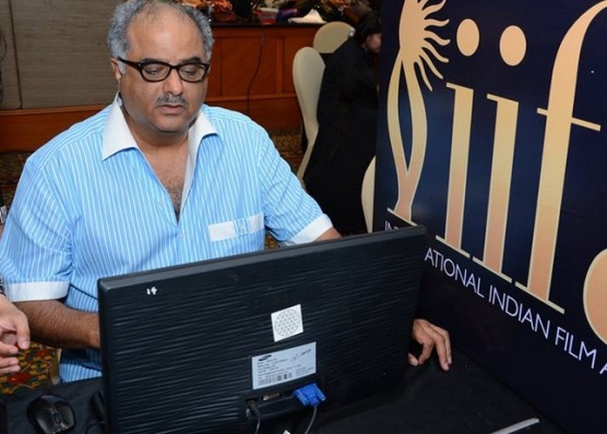 Boney Kapoor in Sky Blue Striped Shirt with Matching Formal Pant at IIFA 2015 Press Meet