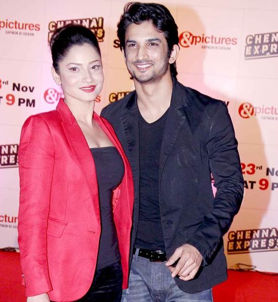 Ankita Lokhande in Hot Cleavage Exposing Red and Black Dress with Sushant Singh Rajput at Zee TV Party for Chennai Express Hit