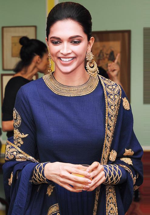 Deepika Padukone in Blue High Neck Anarkali Dress at Telegraph Dinner in Kolkata