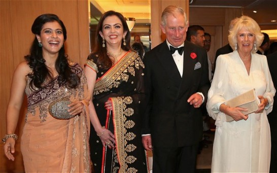Kajol in Sleeveless Blouse Transparent Pink Saree With Royal Couple Prince Charles And Camilla