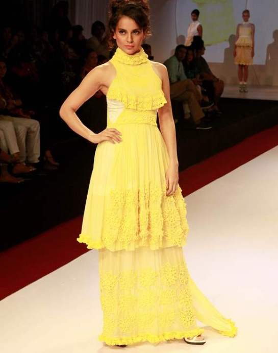 Kangana Ranaut Ramp Walk in Yellow Sleeveless Gown at Signature International Fashion Weekend