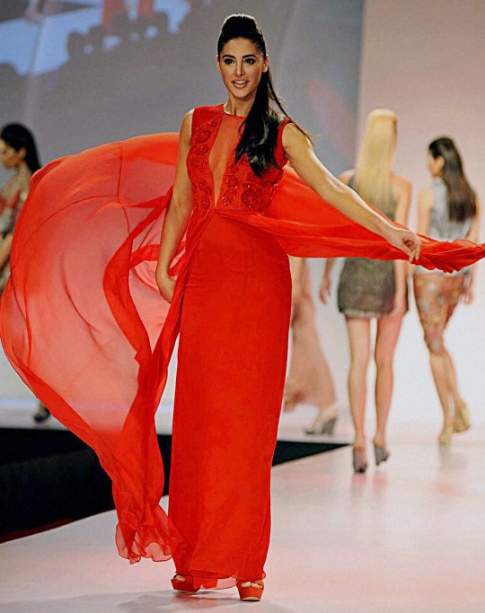 Nargis Fakhri Red Sleeveless Dress Gown at Signature International Fashion Weekend 