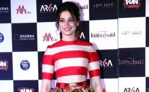 Tamanna Bhatia in Floral Skirt with Striped Top at Launched Bahubali Movie Trailer