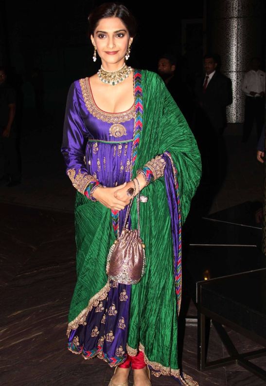 Sonam Kapoor in Blue Deep Neck Anarklai Dress at Sahid Kapoor and Mira Rajput Wedding Reception
