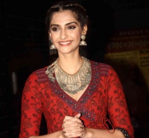 Sonam Kapoor in Red Printed Anarkali Dress at Aisa Yeh Jahaan Movie Screening