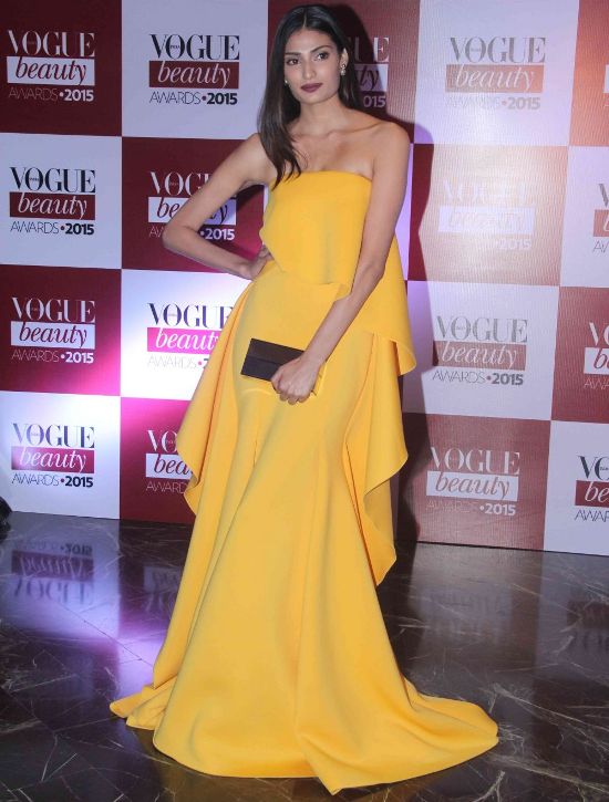 Athiya Shetty in Yellow Off Shoulder Gown 