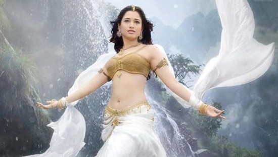 Tamanna Bhatia Navel in Bahubali Hindi Movie – Half White Lehenga Golden Blouse Photos 2015