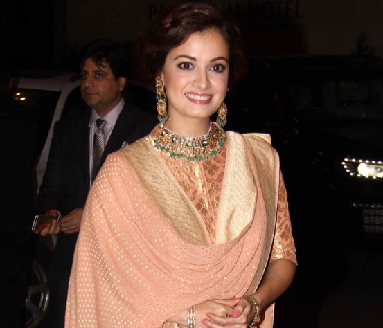 Dia Mirza in Peach High Neck Anarkali Suits at Sahid Kapoor and Mira Rajput Wedding Reception