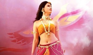 Tamanna Bhatia in Pink Yellow Lehenga with Off Shoulder Blouse in Bahubali Hindi Movie
