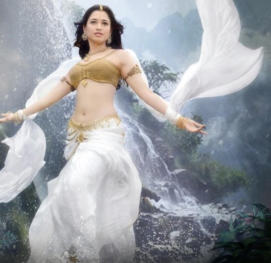 Tamanna Bhatia Navel in Bahubali Hindi Movie – Half White Lehenga Golden Blouse Photos 2015
