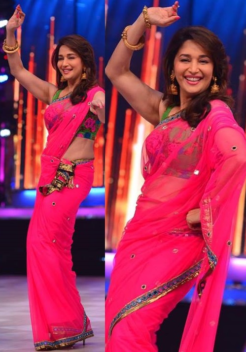 Madhuri Dixit in Pink Saree – Navel Show in Transparent Blue Velvet Blouse