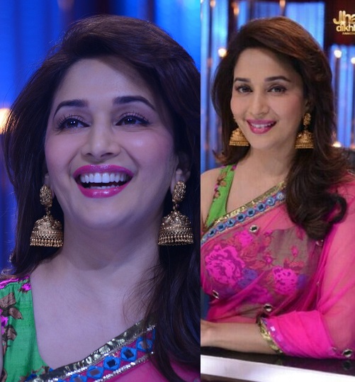 Madhuri Dixit in Pink Saree – Navel Show in Transparent Blue Velvet Blouse