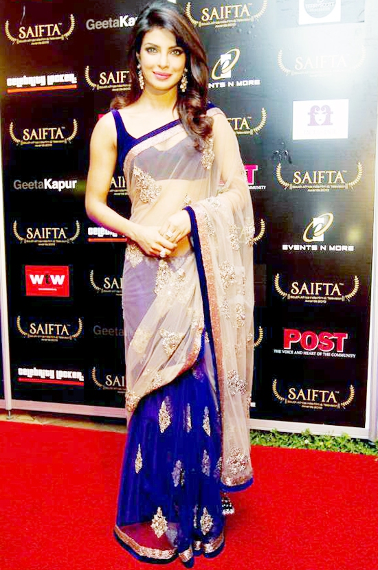 Priyanka Chopra in SAIFTA Awards 2013 - Purple Transparent Saree Hot Cleavage Pics