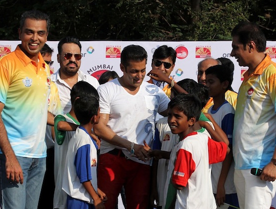 Salman Khan in Skin Tight White T shirt and Red Pant Plays Football for Charity Event in Mumbai