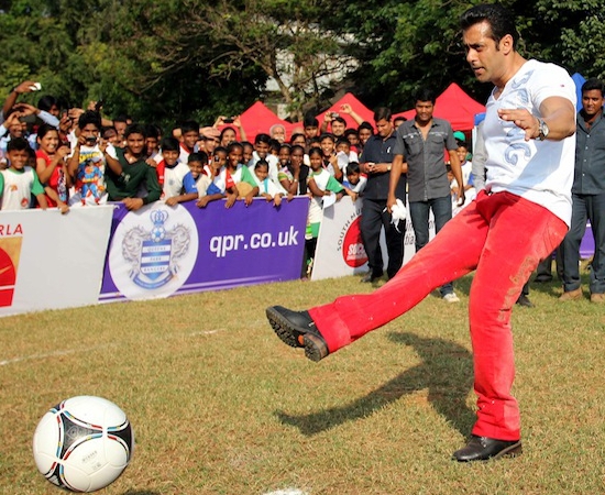 Salman Khan in Skin Tight White T shirt and Red Pant Plays Football for Charity Event in Mumbai
