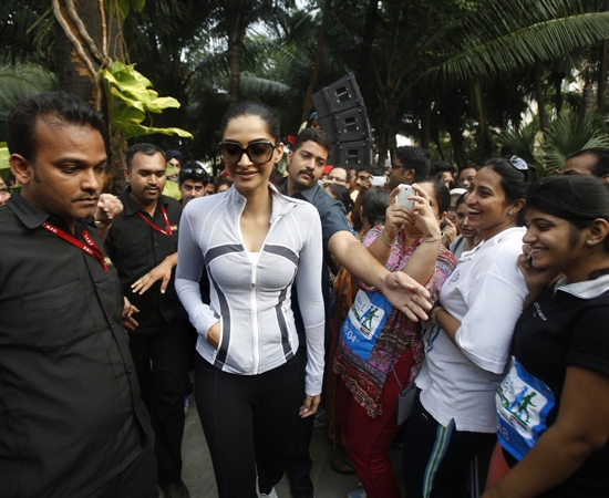 Sonam Kapoor in Skin Tight T Shirt and Jogging Trouser Hot Look at Max Bupa Event in Mumbai