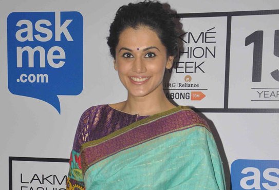 Taapsee Pannu in Blue Saree Patchwork Blouse Photos at Lakme Fashion Week Winter Festive 2015